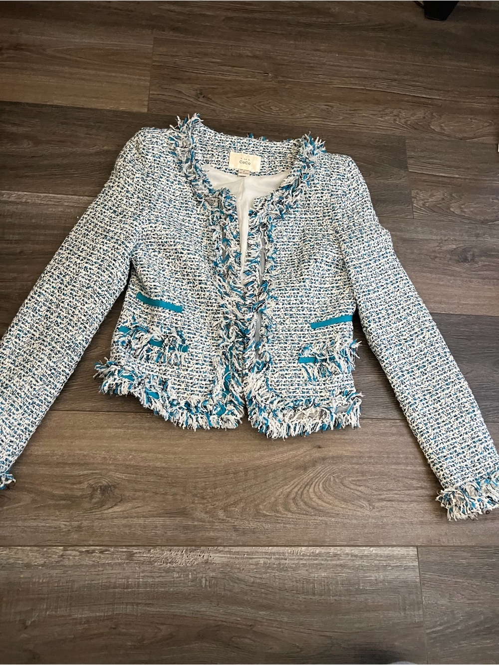 Blue Tweed Fringe Cropped Blazer